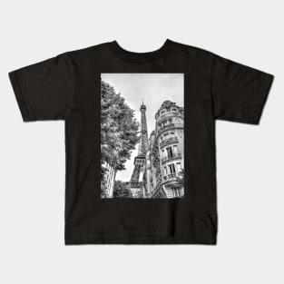 Eiffel Tower Paris, Between The Buildings Black & White Kids T-Shirt